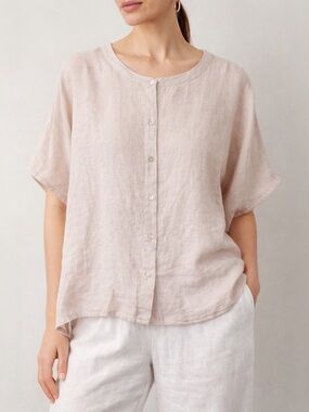 Tahari 100% Linen Blouse Top Blush Taupe Short Sleeve Boxy Relaxed Size Medium